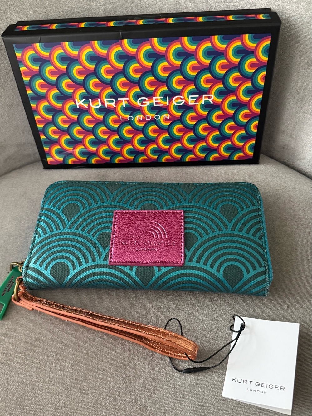 Kurt Geiger Teal Patterned Wallet with Pink Logo Patch - Picture 2 of 7